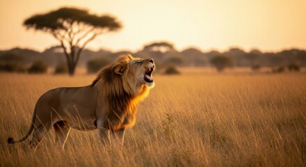 Majestic male lion roars defiantly in the African savanna at sunset casting a golden glow across the vast plains