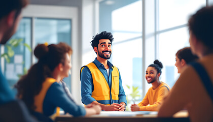 Smiling Man in Yellow Vest Leading Office Meeting With Diverse Team