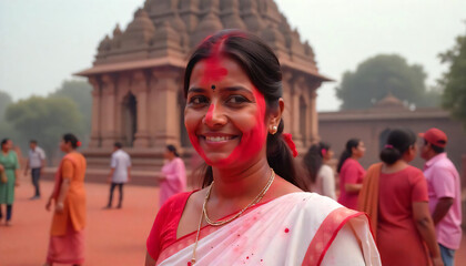 Traditional Indian woman in vibrant saree under Holi colors explosion, slow-motion