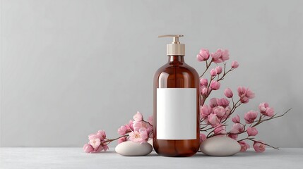 Amber Glass Shampoo Bottle Mockup with White Label and Pink Flowers