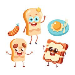 Retro groovy breakfast characters or cartoon food with funny faces, vector icons. Groovy breakfast characters or bacon and egg with porridge and toast ... See More

