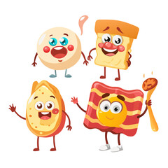Retro groovy breakfast characters or cartoon food with funny faces, vector icons. Groovy breakfast characters or bacon and egg with porridge and toast ... See More
