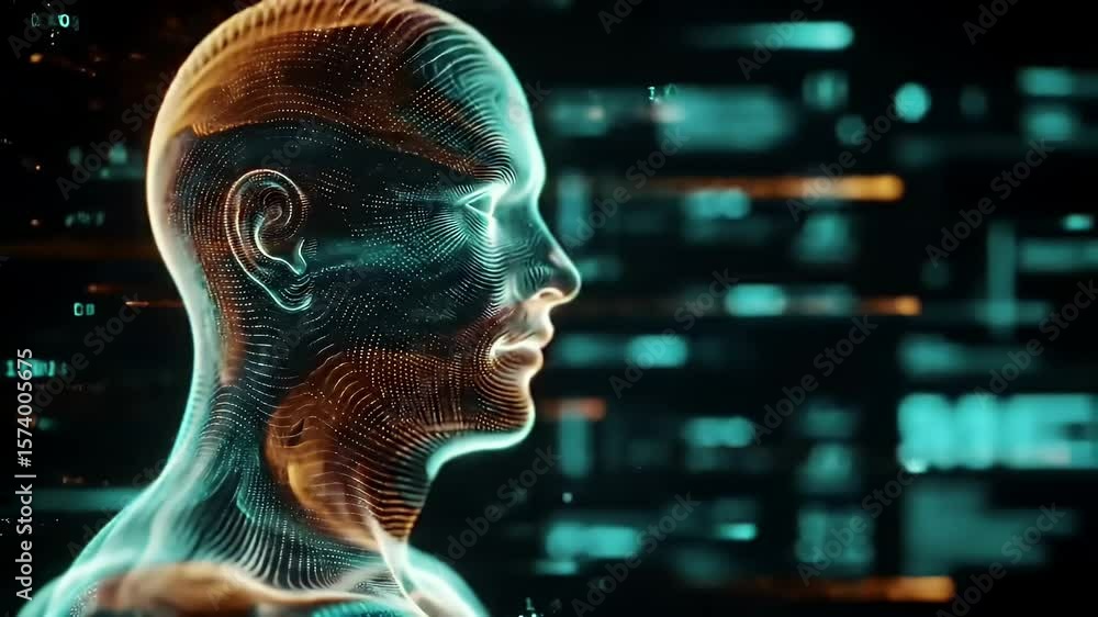 Poster abstract digital human head profile with teal and orange color scheme on dark tech background for ai