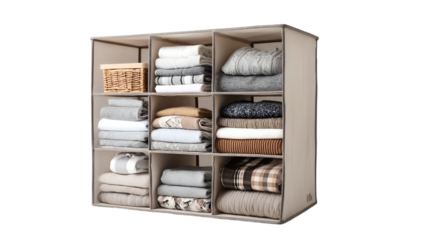 Organized storage cabinet with folded clothes and a wicker basket against a black background space