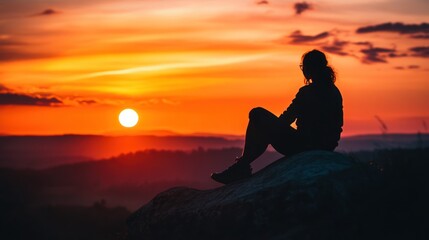 Silhouette Serenity: A Woman's Contemplation Amidst the Fiery Sunset Hues