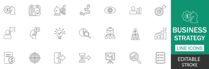 Business strategy line icon set. professional collection featuring growth, leadership, planning, goal setting, teamwork, marketing, finance, and strategy for success-driven projects.