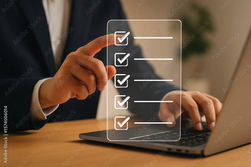 Poster person s finger tapping on a digital checklist with checkmarks on a transparent screen