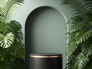 Modern black pedestal with gold trim surrounded by lush tropical plants and archway