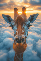 Giraffe Standing Above Clouds at Sunrise. Surreal view of a giraffe emerging through clouds with warm sunrise in background.