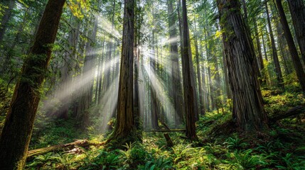 Obraz premium Enchanted Misty Forest with Towering Red-Barked Trees and Sunbeams Piercing Ancient Canopy