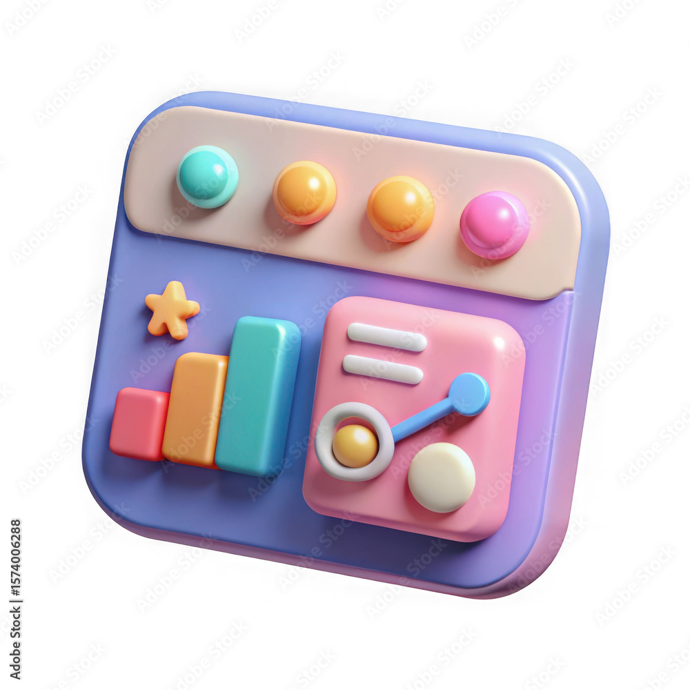 Poster cute 3d pastel dashboard with charts and buttons isolated on transparent background