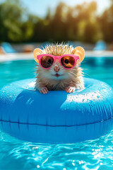 Cute Hedgehog in Sunglasses Floating in Pool. Adorable hedgehog wearing pink sunglasses relaxing on blue float in swimming pool.