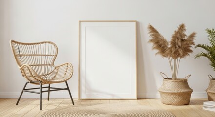 Cozy Living Room Interior Scene With Wicker Chair and Pampas Grass Display