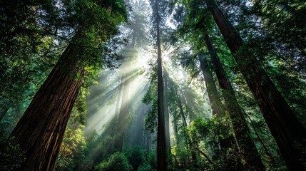 Obraz premium Enchanted Misty Forest with Towering Red-Barked Trees and Sunbeams Piercing Ancient Canopy