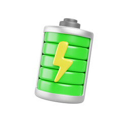 3d green battery with yellow lightning. Accumulator with full charge indicator. Charging energy for electric car or mobile phone, eco technology concept. Isolated cartoon render icon