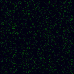 Pixel pattern made of scattered letters in minimalist style. Retro digital texture for backgrounds and designs. Pixel art vector.