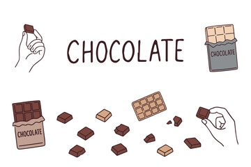 Colored hand drawn sketch of chocolate pieces. Chocolate bars broken into pieces in doodle style. Design element for labels, packaging and cards. Vector illustration