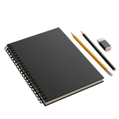 Black Spiral Notebook with Stationery - Office and School Supplies - Study Mockup Isolated transparent background 