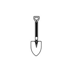 Simple Shovel Illustration: A minimalist black and white line art drawing of a shovel, perfect for construction, gardening, or DIY projects. Clean vector design.