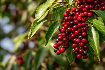 Clusters of vibrant red berries hang from lush green leaves