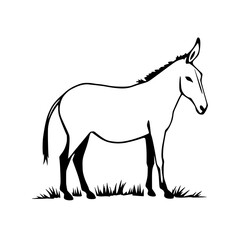 Donkey in Meadow: A simple line art illustration depicts a serene donkey standing in a grassy field, showcasing its elegant silhouette against a white background.