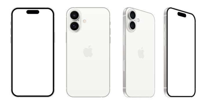 New iPhone 16, White colors. Mockup screen front view iphone with white screens and back side phone.