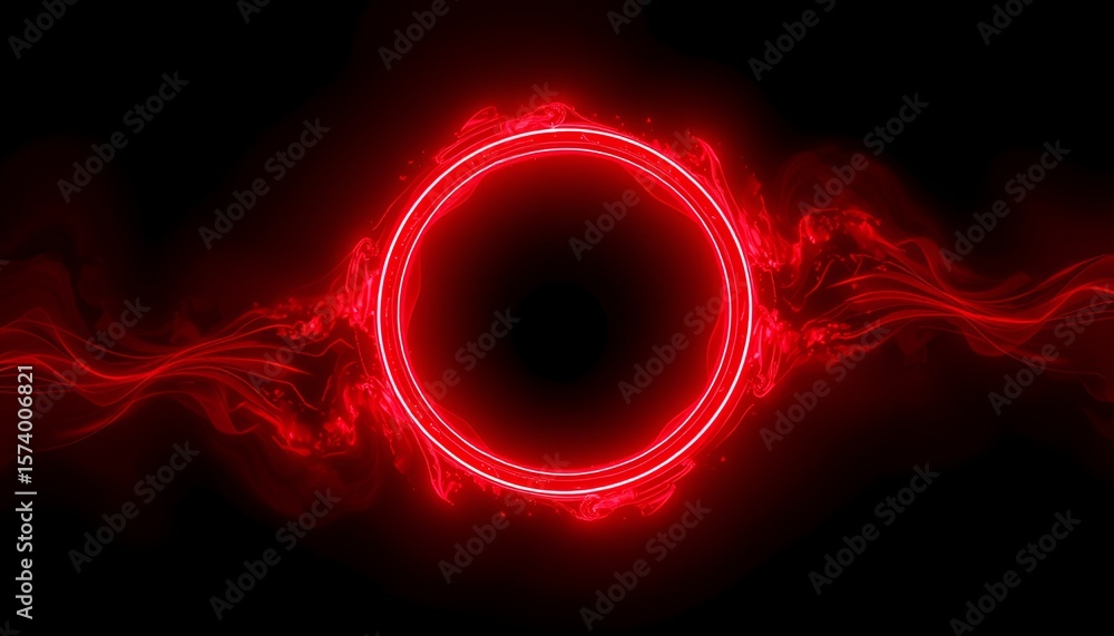 Poster a striking digital rendering features a central red neon circle with flowing light trails on black.