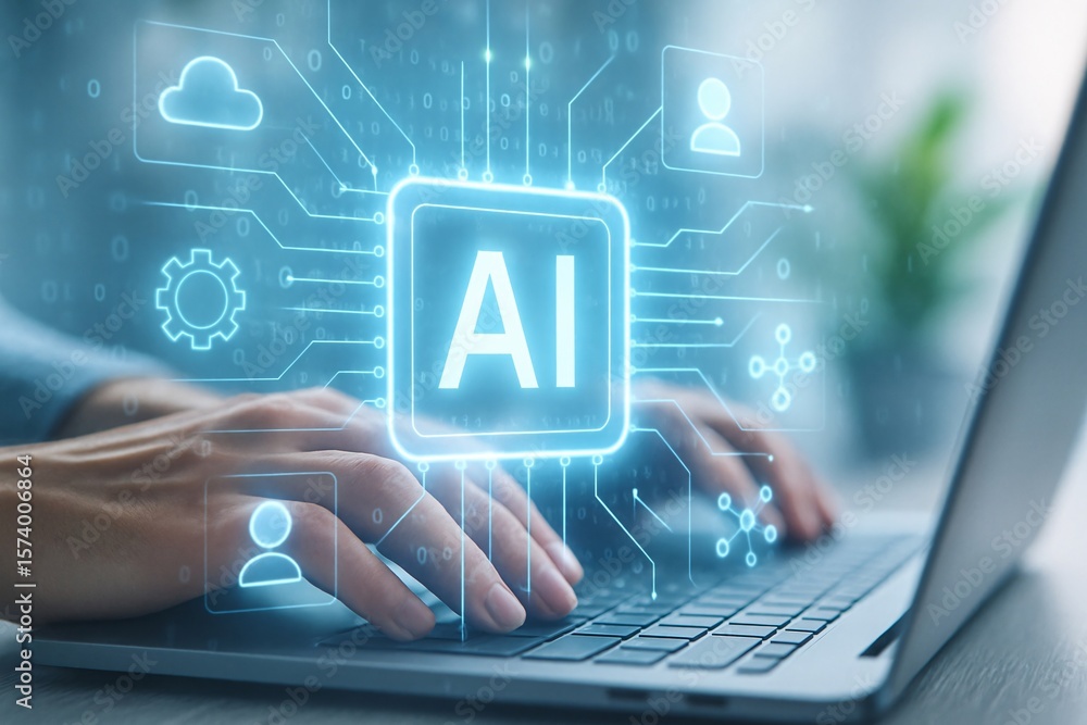 Poster person using laptop with glowing ai interface and digital network icons