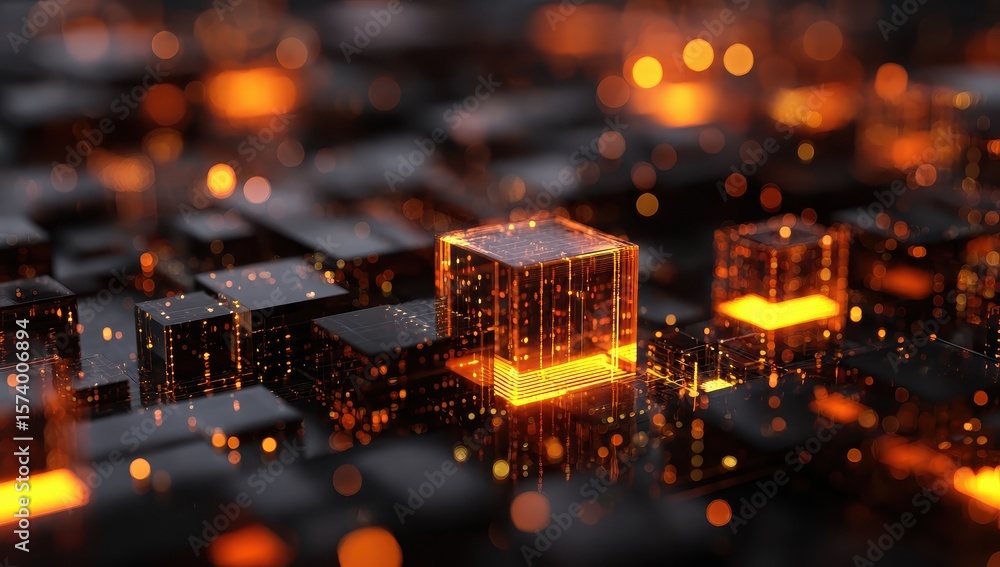Aufkleber abstract data cubes glow on circuit board. tech background for digital solutions