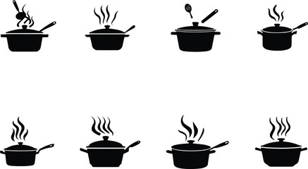 Cooking Pot and Pan Icons - Steaming Kitchen Utensils Set