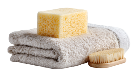 A still life of a yellow sponge on a folded towel with a brush on a black isolated background