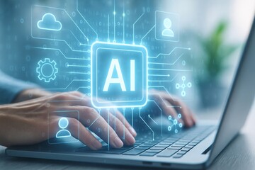 Person using laptop with glowing ai interface and digital network icons