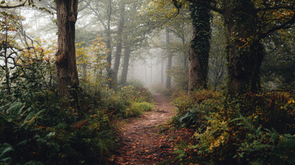 Obraz premium A serene forest path winds through the autumn woods, shrouded in a gentle mist, inviting a peaceful walk.