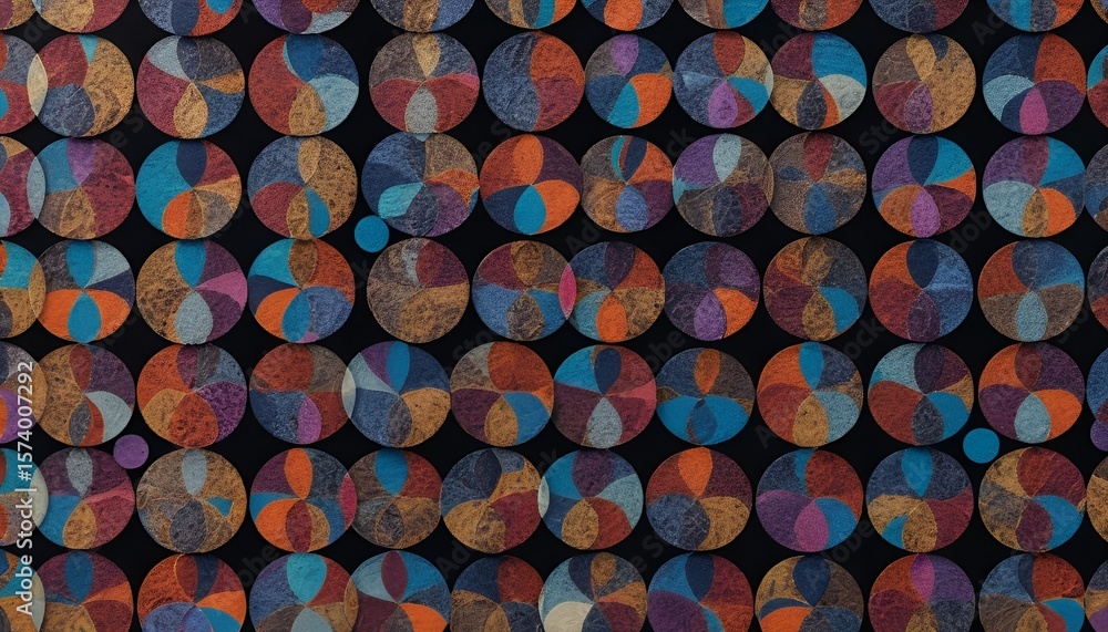 Poster circular patterned elements arranged on dark ground create a vibrant geometric abstraction.