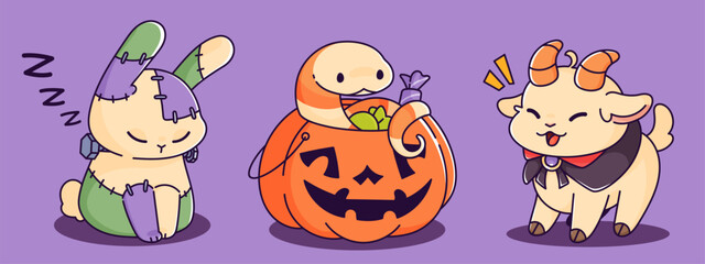 Kawaii Halloween character - sleepy Frankenstein bunny with stitches, smiling snake inside jack o lantern full of candy, happy goat wearing dark cape. Cute spooky animals for children party design.