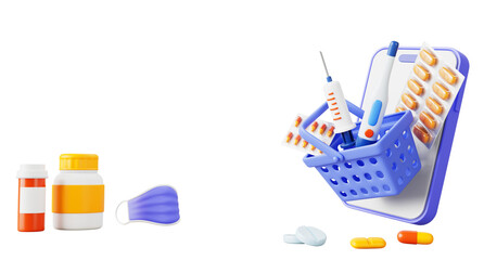 Online pharmacy 3d banner. Drugstore in mobile app and drug delivery service concept. Render cartoon smartphone with cart of medicines, pill bottles, mask, syringe and thermometer