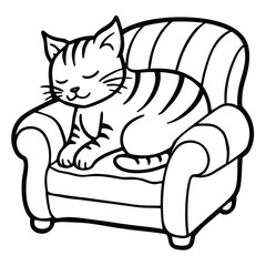 Line art illustration of a sleeping striped cat curled on armchair