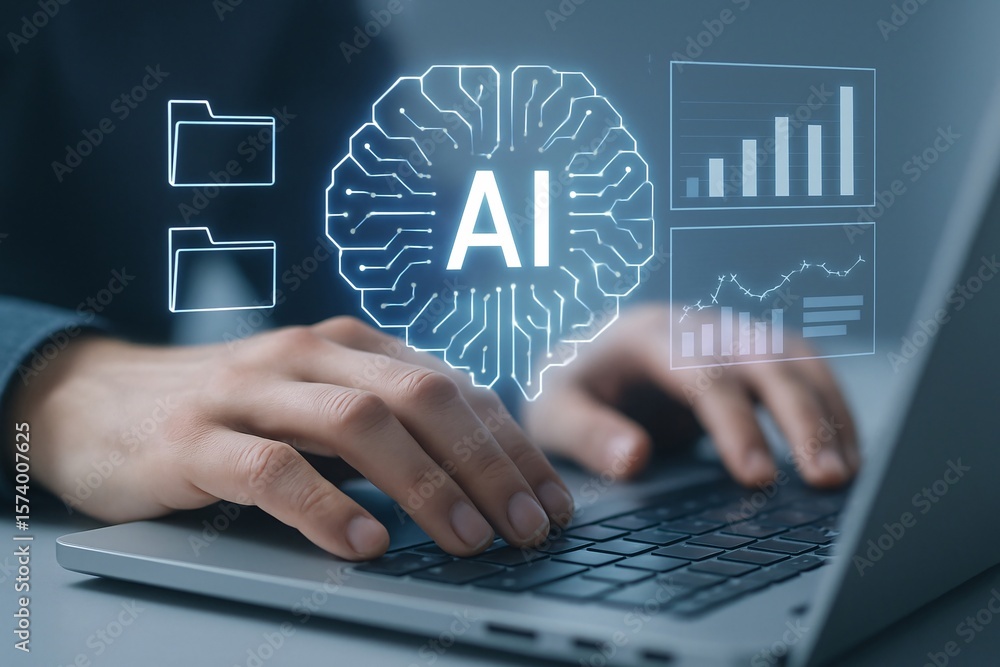 Poster ai and machine learning in action analyzing data with laptop