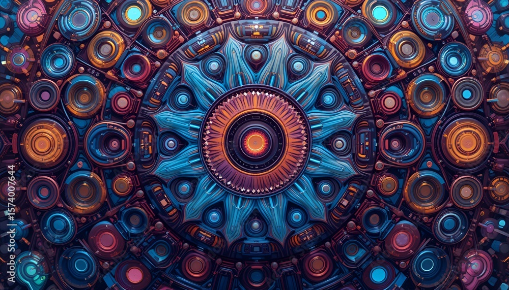 Poster intricate circular abstract design featuring a central focal point with detailed radial symmetry