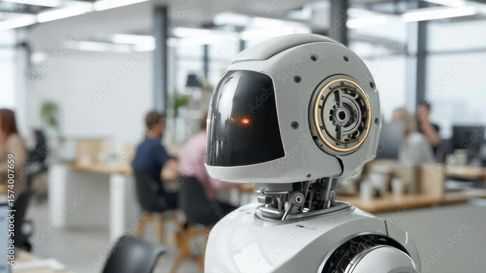 Poster a robot is standing in front of a group of people in a room. the robot has a menacing look on its fa