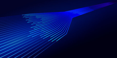 Abstract blue glowing lines converge on a dark background, suggesting technology, data, and speed.