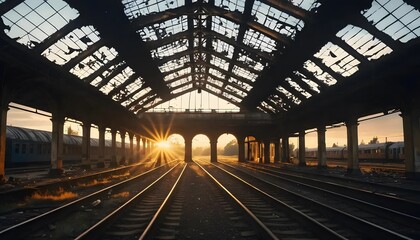 Abandoned train station with broken roof and sunbeams at sunrise