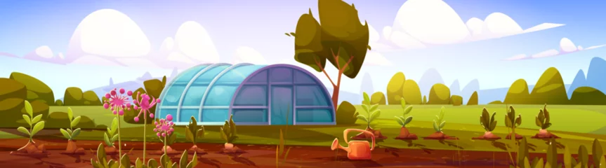 Fotobehang Boerderij Cartoon garden greenhouse landscape with blue glass dome, planted vegetable rows, pink flowers, watering can on sunny field. Rural farming scene with hills, clouds for agricultural game backgrounds.  © klyaksun