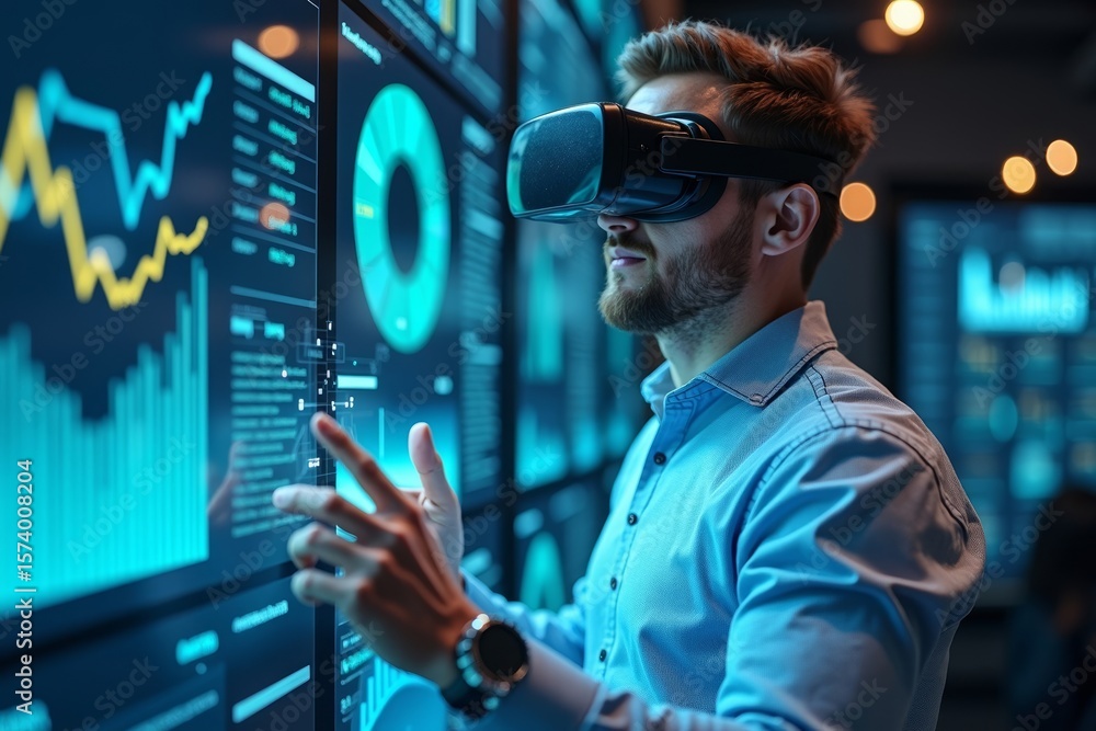 Poster man in vr glasses engaging with holographic financial data interface in futuristic setting