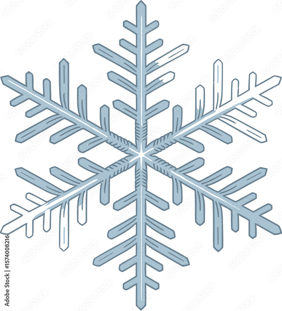 Poster a single intricate light blue snowflake centered on a clean white background with a subtle light fla
