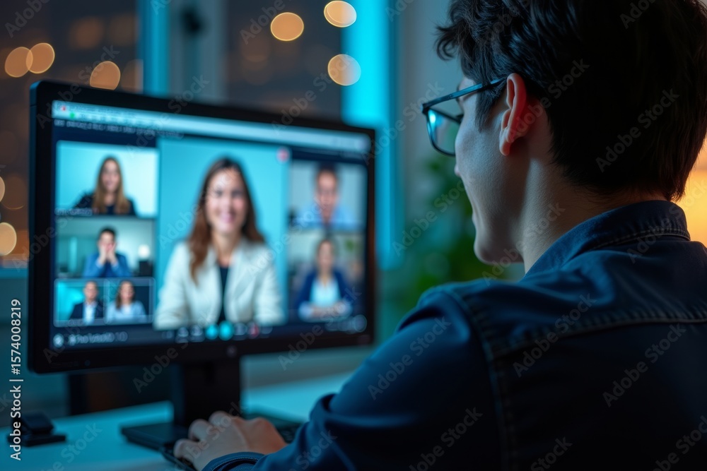 Poster capturing a person engaging in an online virtual training session with a virtual conference or webin