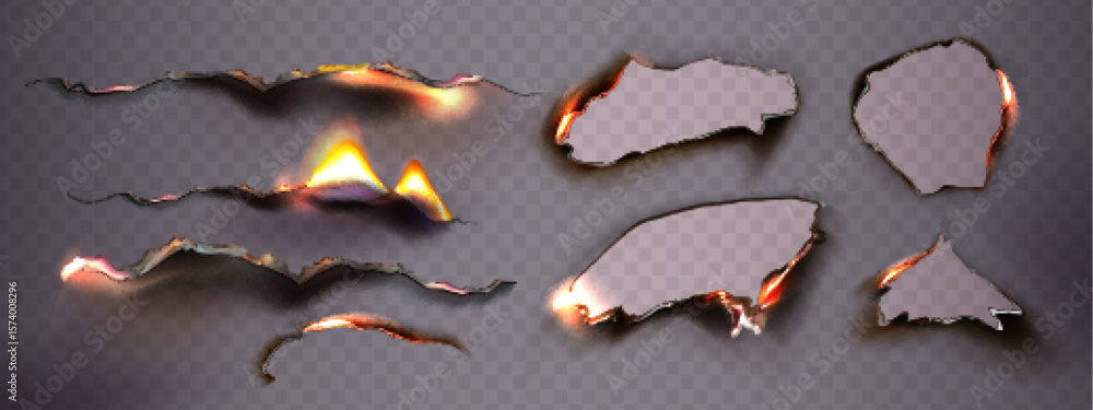 Poster realistic burnt paper edges with glowing flame effect - horizontal tears, holes and scorched borders
