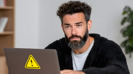 Digital Distress: A man grapples with a digital dilemma, a warning sign highlighting the challenges of the digital landscape. His face, etched with concern, reflects the struggle.