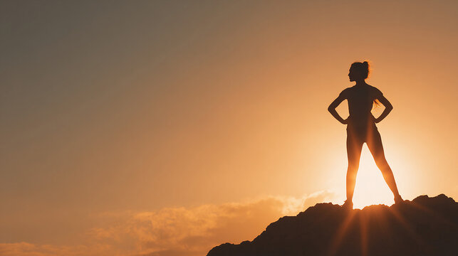 Silhouette of a Woman at Sunset: Achieving Goals, Success, and Empowerment - Powered by Adobe