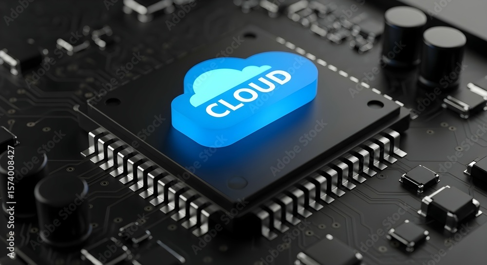 Poster Blue cloud icon glowing on a microchip, conceptualizing data storage and internet computing technology on a circuit board.
